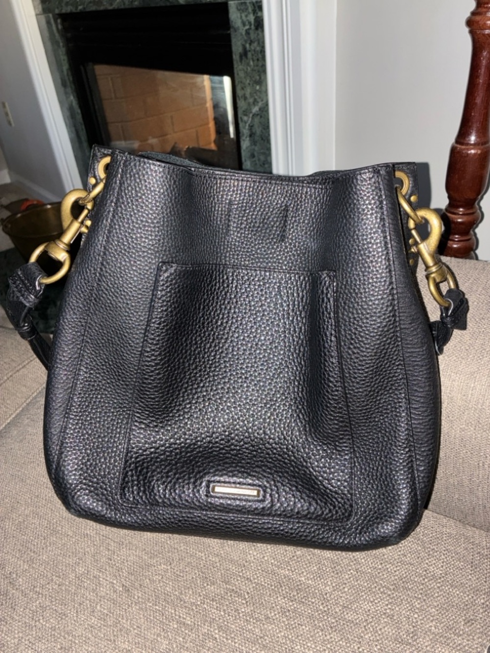 Rebecca Minkoff Black Pebbled Leather Shoulder Bag with Brass Hardware MSRP $378